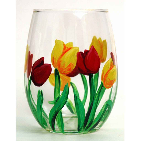  Tulips Flowers Hand Painted Wine Glasses Set of 2