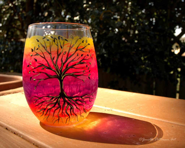 Tree of Life Hand Painted Stemless Wine Glass - Janelle Patterson Art