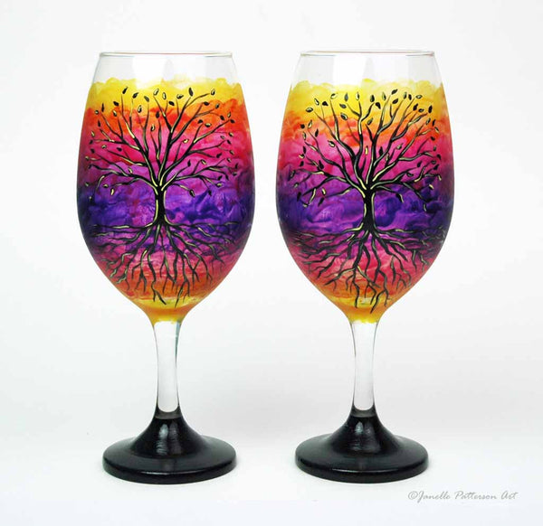 Tree of Life Hand Painted Wine Glass - Janelle Patterson Art