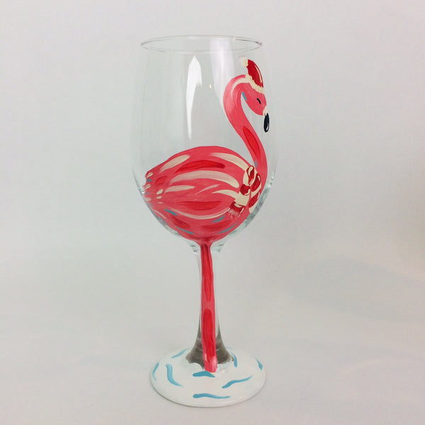 Pink Flamingo Christmas Wine Glass