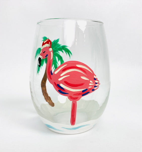 Pink Flamingo Christmas Stemless Glass