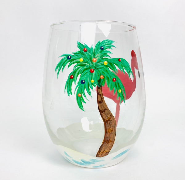 Pink Flamingo Christmas Stemless Glass