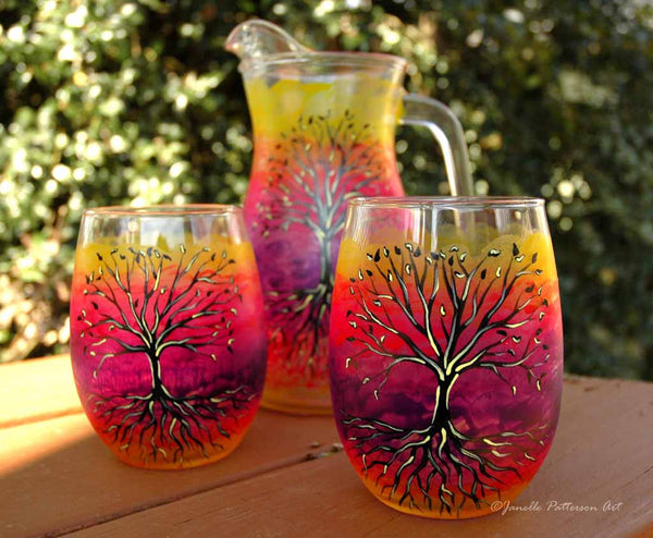 Tree of Life Hand Painted Stemless Wine Glass - Janelle Patterson Art